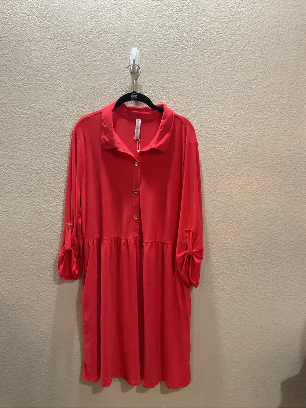 Button-Front Midi Dress in Coral Red with Roll-Tab Sleeves